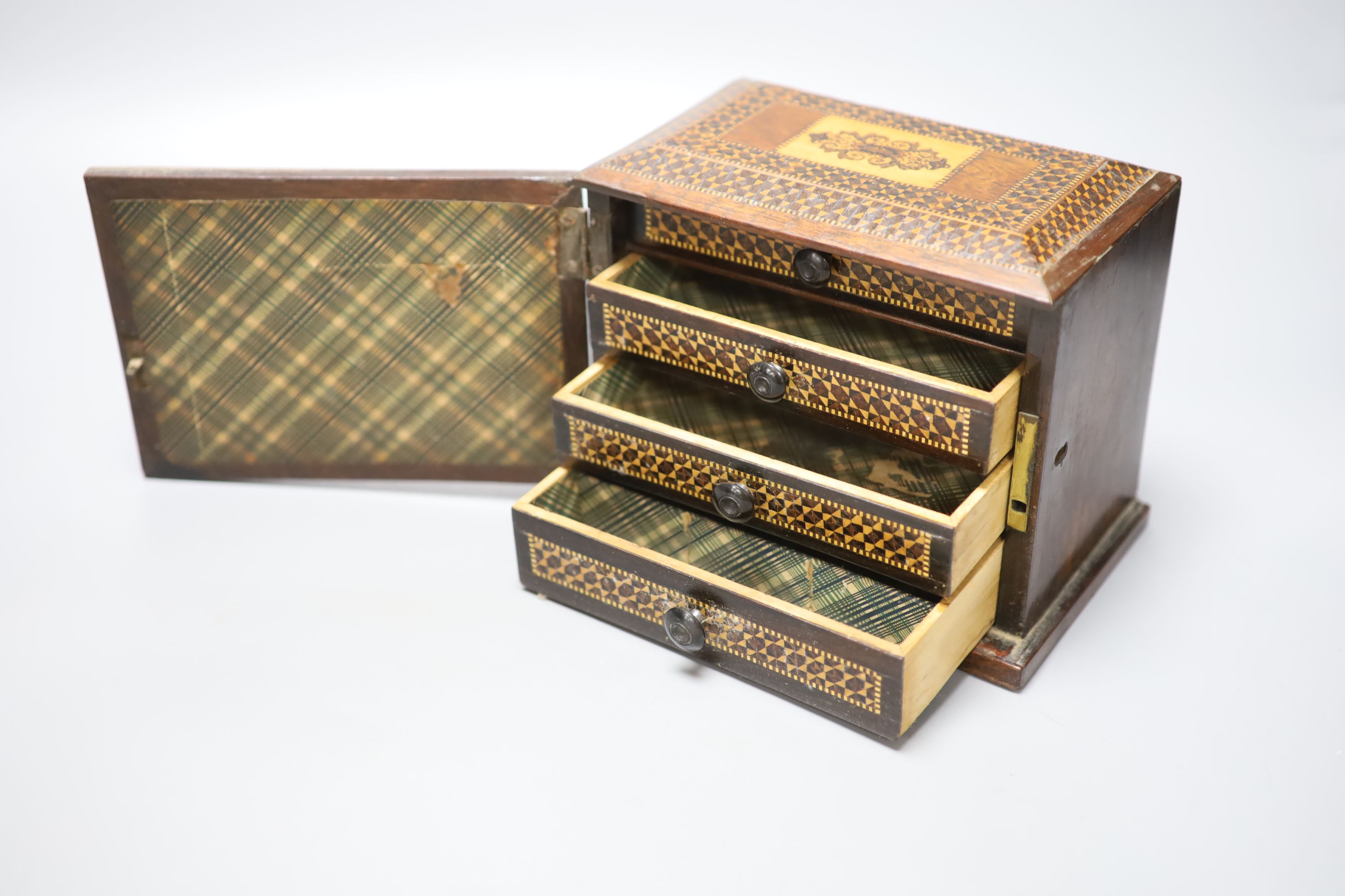 A Tunbridge ware rosewood, tesserae and half square mosaic cabinet of three drawers, c.1840, 18.2cm